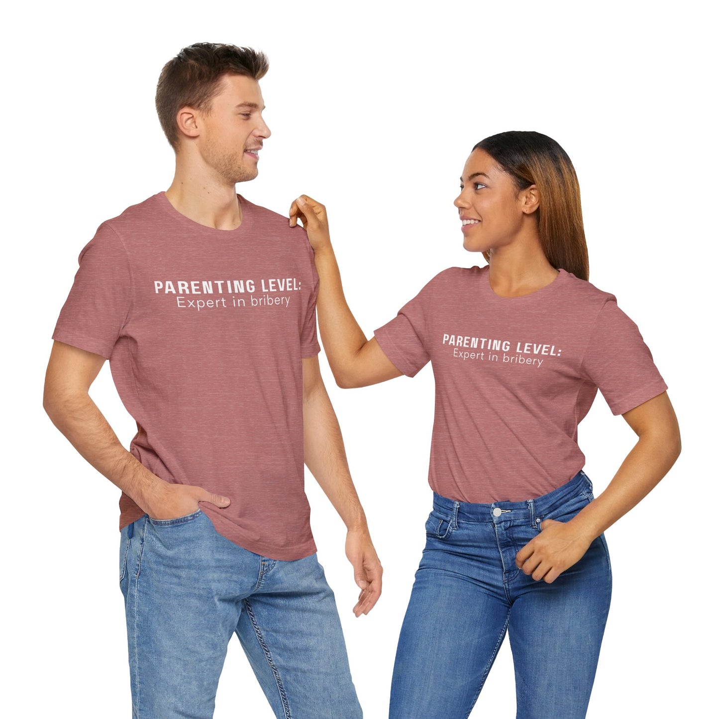 Parenting Humor Shirt | Unisex T-Shirt | Funny Parent Tee | Gift for Moms and Dads | Casual Family Outfit | “Parenting Level: Expert in Bribery”