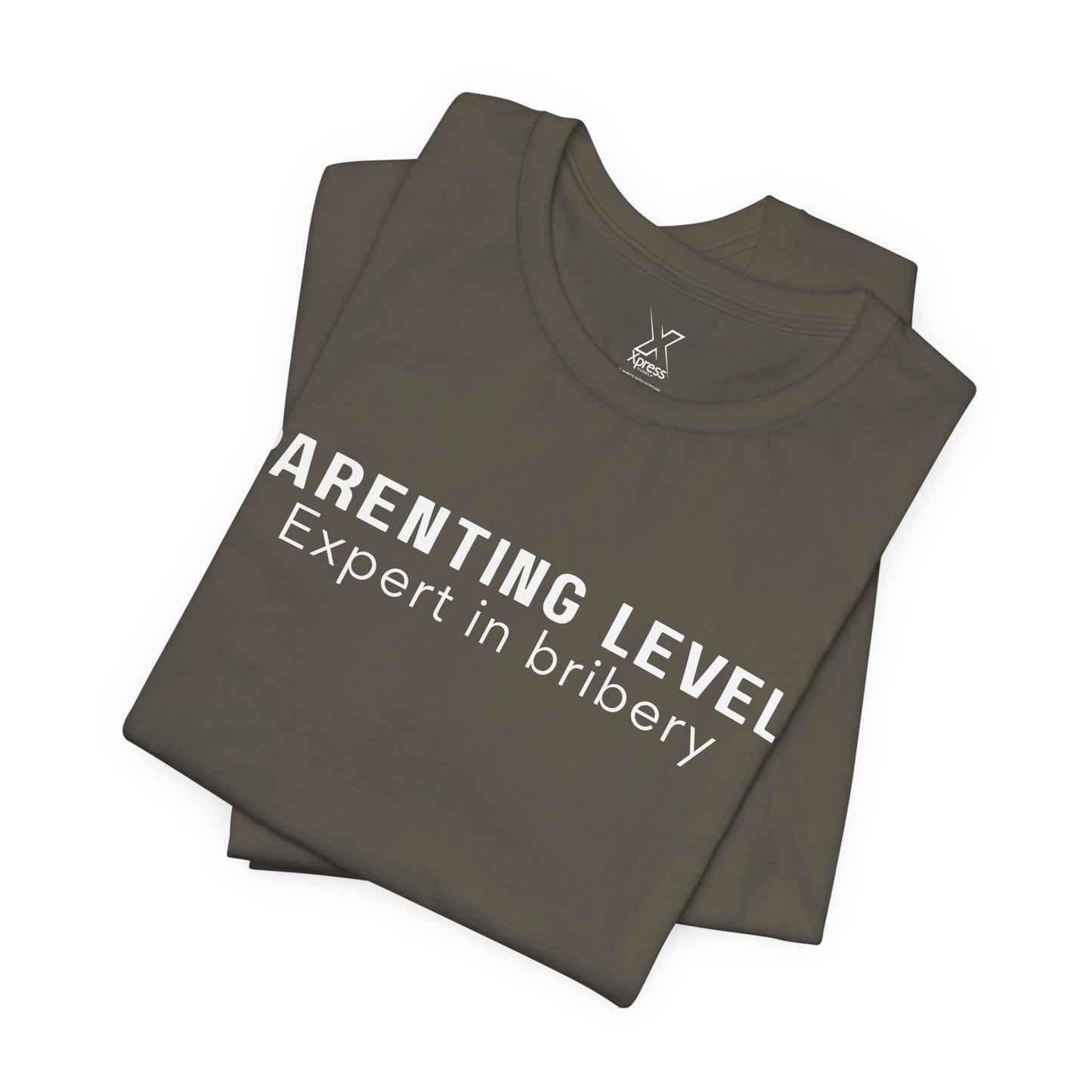 Parenting Humor Shirt | Unisex T-Shirt | Funny Parent Tee | Gift for Moms and Dads | Casual Family Outfit | “Parenting Level: Expert in Bribery”