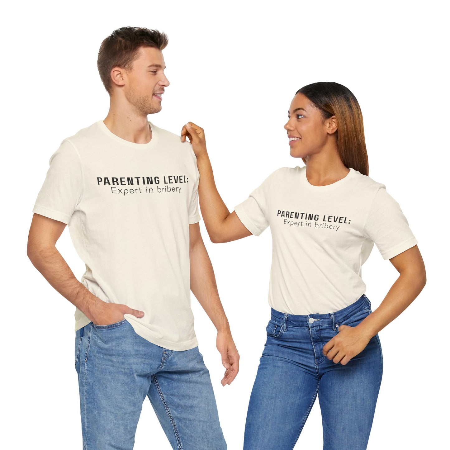 Parenting Humor Shirt | Unisex T-Shirt | Funny Parent Tee | Gift for Moms and Dads | Casual Family Outfit | “Parenting Level: Expert in Bribery”