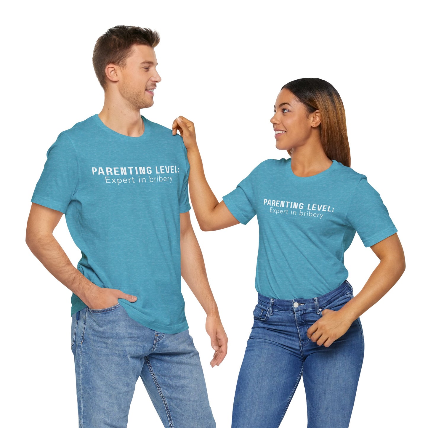 Parenting Humor Shirt | Unisex T-Shirt | Funny Parent Tee | Gift for Moms and Dads | Casual Family Outfit | “Parenting Level: Expert in Bribery”